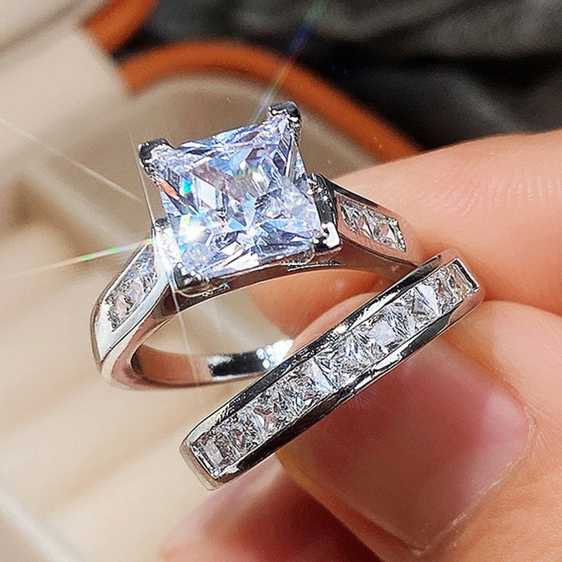 Fashion Wedding Ring Set for Women Dazzling Square Zirconia