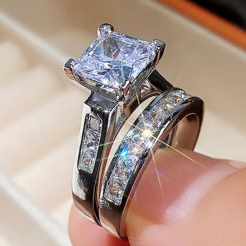 Fashion Wedding Ring Set for Women Dazzling Square Zirconia