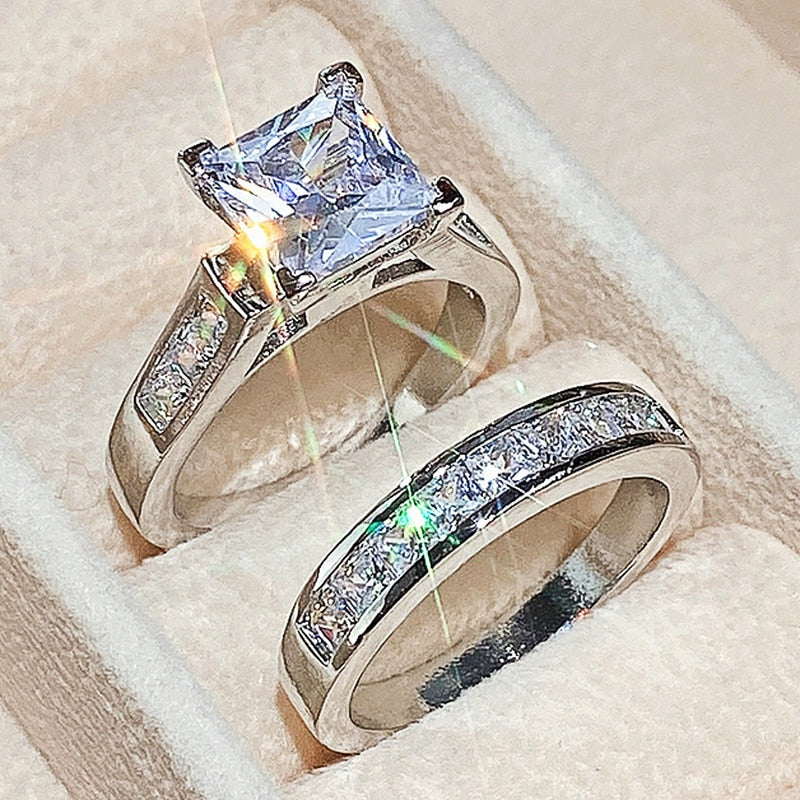 Fashion Wedding Ring Set for Women Dazzling Square Zirconia