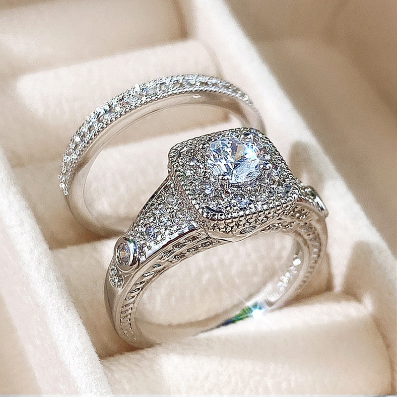 Fashion Wedding Ring Set for Women Dazzling Square Zirconia