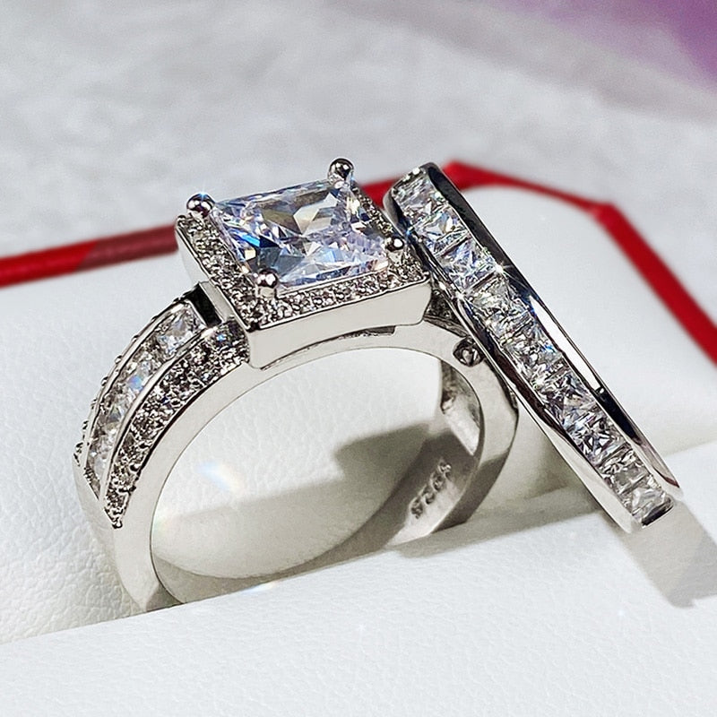 Fashion Wedding Ring Set for Women Dazzling Square Zirconia