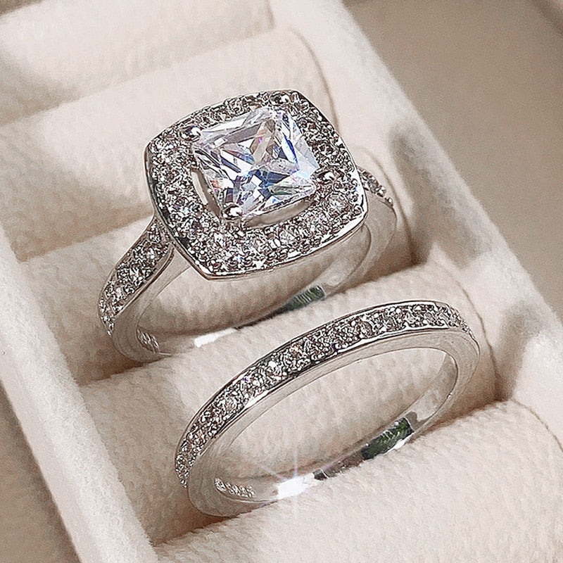 Fashion Wedding Ring Set for Women Dazzling Square Zirconia